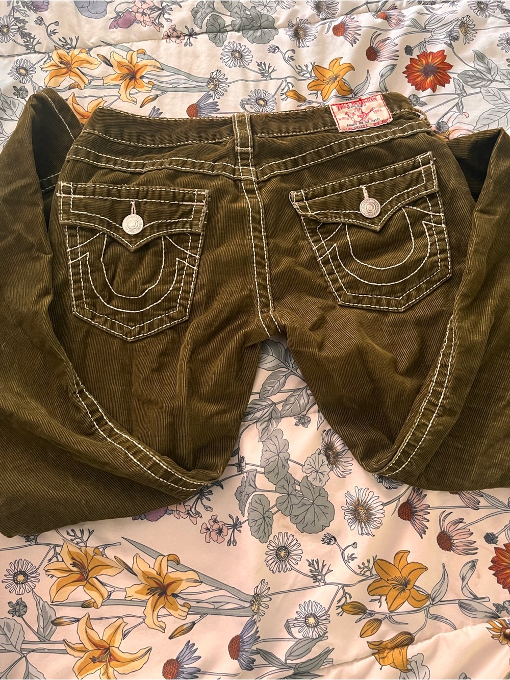 True Religion Olive Green Corduroy Flare Jeans